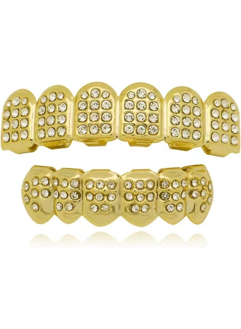 Poker Grills Gold Grillz for Your Teeth Heart Hip Hop Grillz Teeth Men Diamond Grillz for Men Women 18K Gold Plated Hustla Teeth Grillz Gold Jewelry Rapper Costume (GOLD) - Image 1